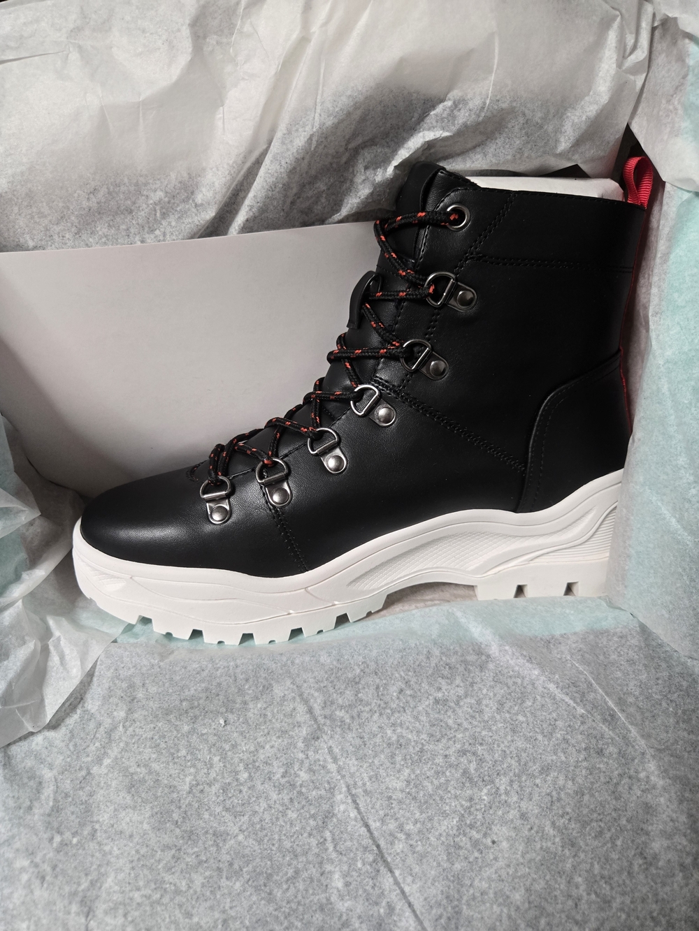 Nina Black Lace-Up Platform Hiking Boot with White Sole NEW IN BOX